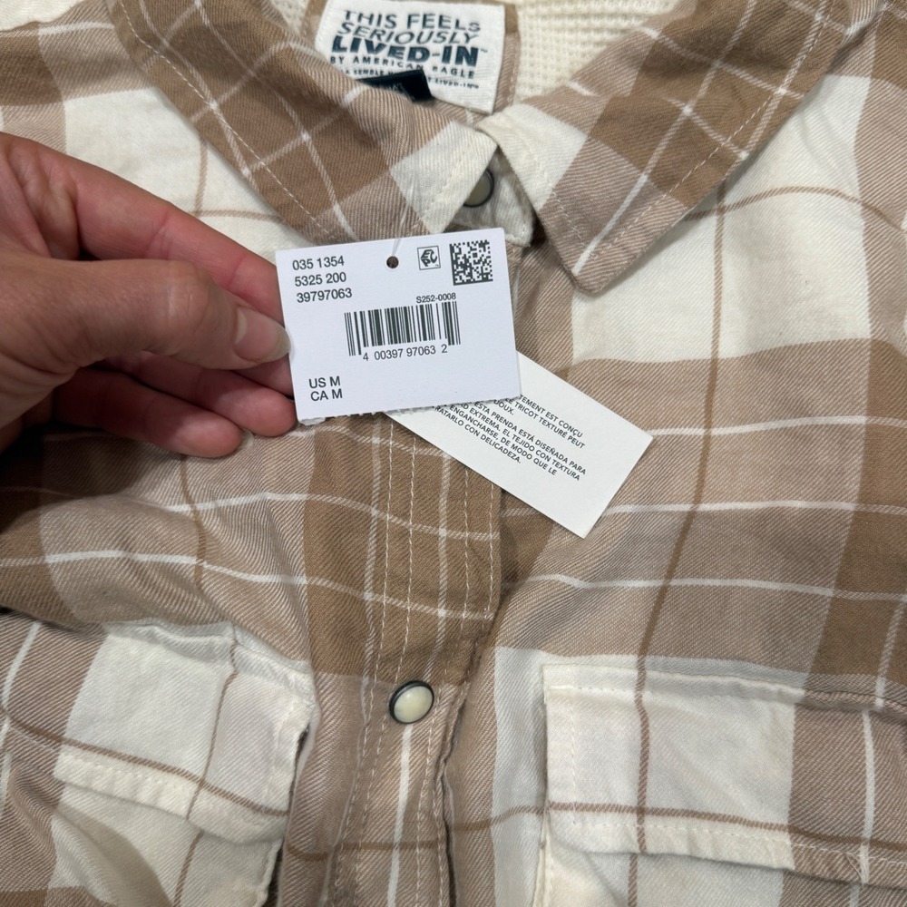 American Eagle Tan Brown Plaid Button Up Shirt Long Sleeve Women Medium M NWT - Picture 4 of 11